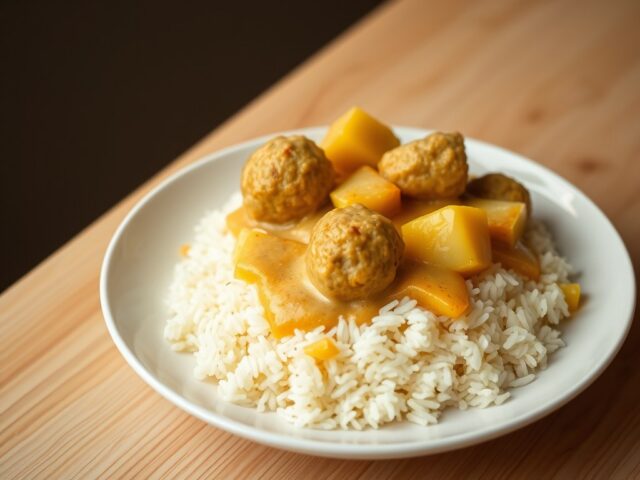 Gehaktballetjes in kerrierroomsaus met gele paprika en ananas