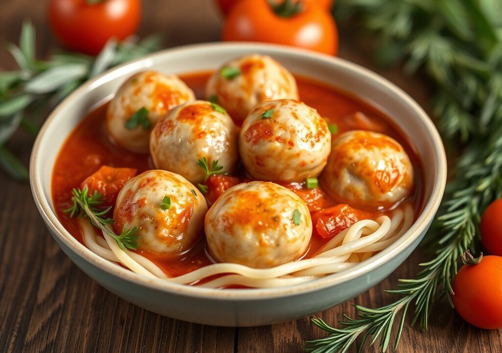 Gehaktballetjes in rozemarijn-tomatensaus, AI-gegenereerde illustratie