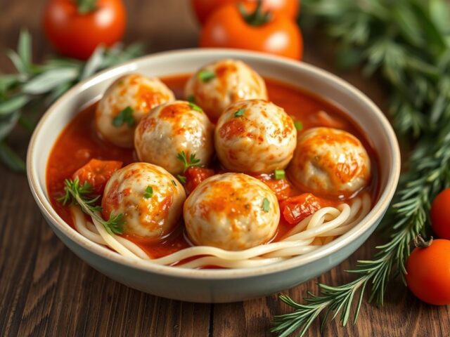Gehaktballetjes in rozemarijn-tomatensaus — AI-gegenereerde illustratie