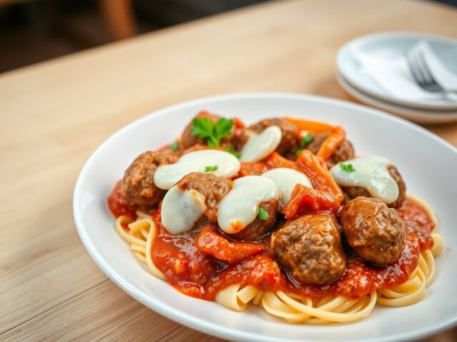 Gehaktballetjes in tomatensaus met paprika en mozz