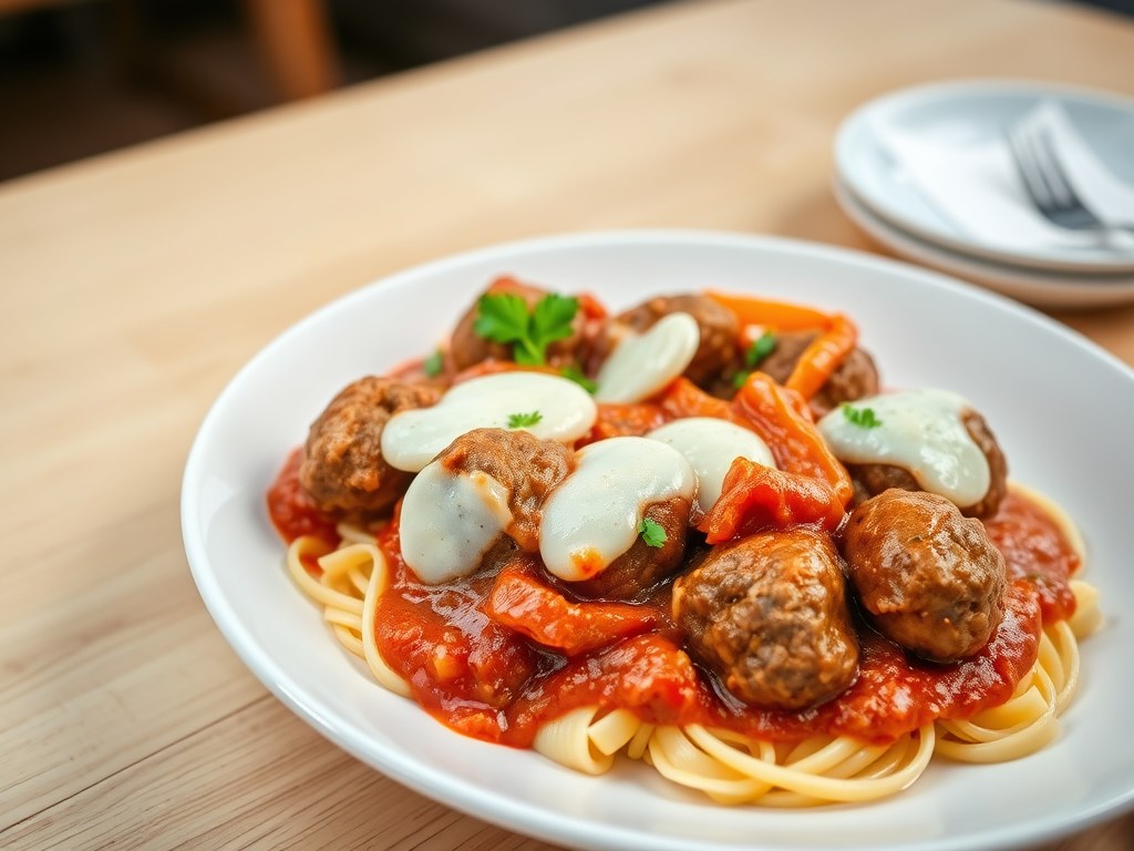Gehaktballetjes in tomatensaus met paprika en mozz, AI-gegenereerde illustratie
