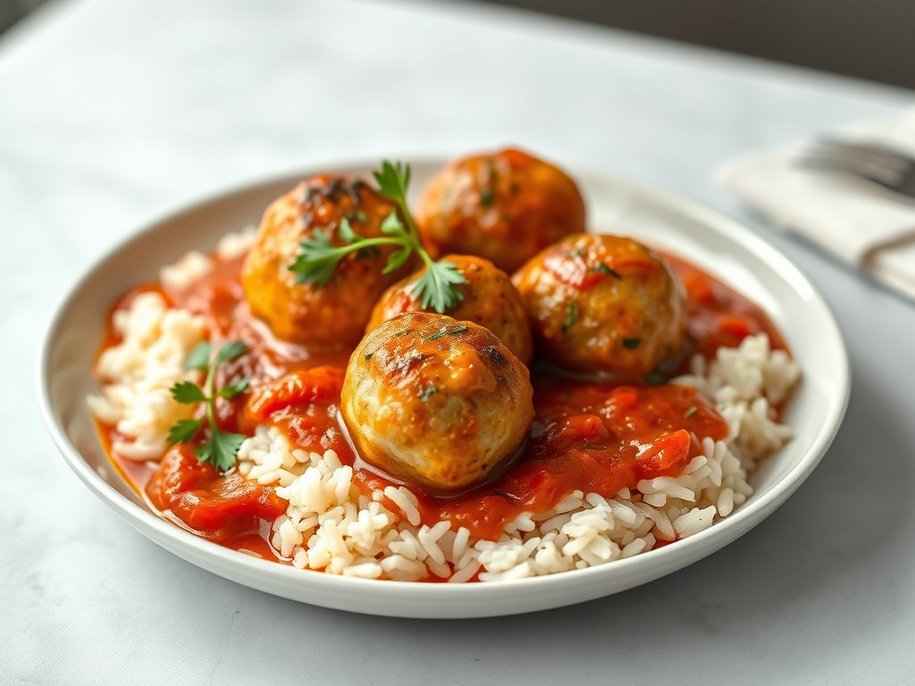 Gehaktballetjes in tomatensaus met rijst, AI-gegenereerde illustratie