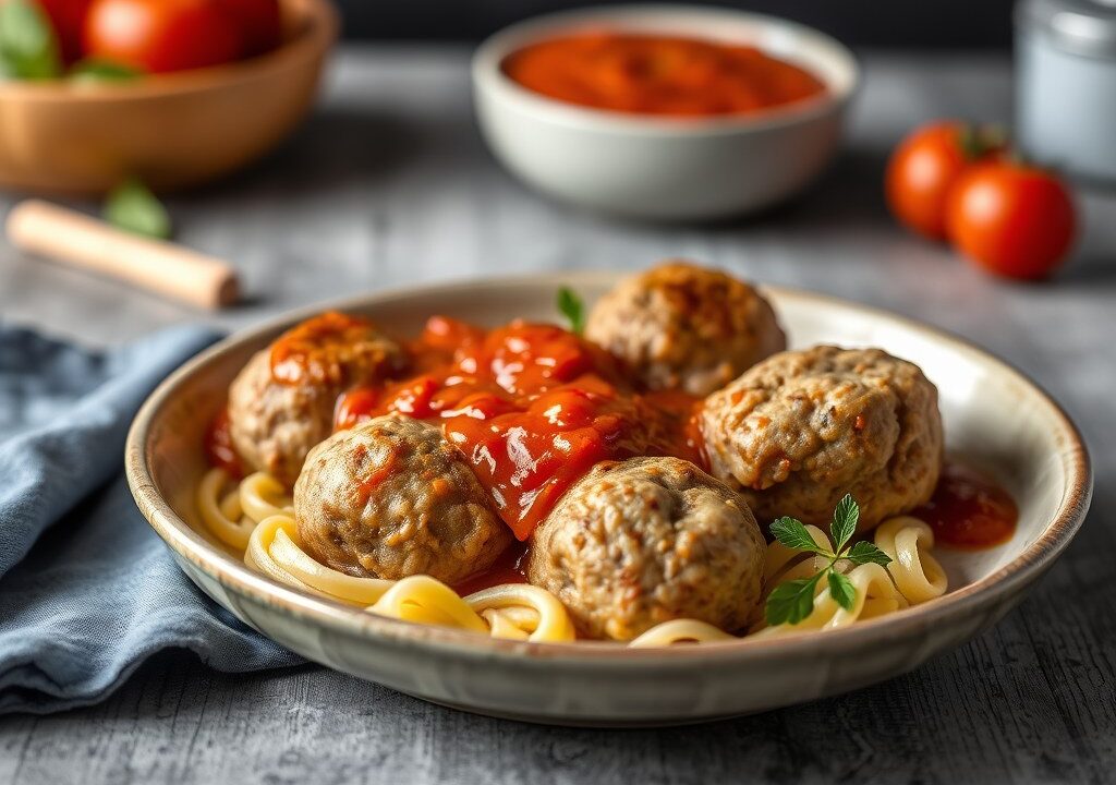 Gehaktballetjes met tomatensaus, AI-gegenereerde illustratie
