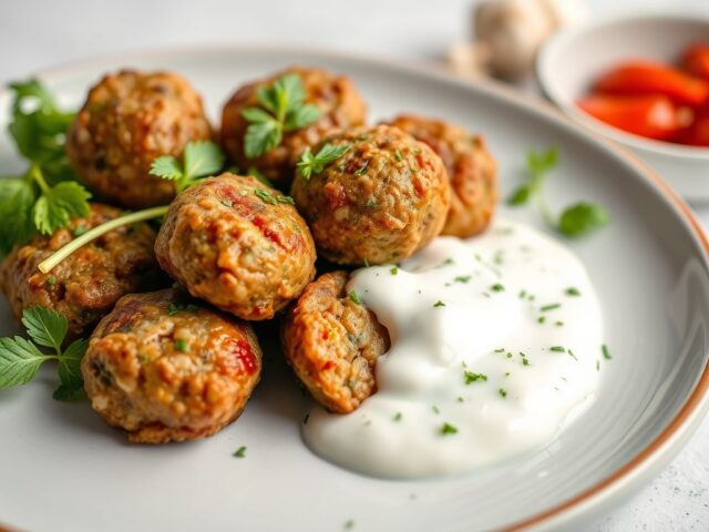 Gehaktballetjes met yoghurt-muntsaus — AI-gegenereerde illustratie