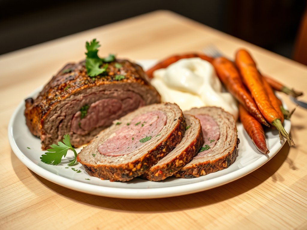 Gehaktbrood met bospeen en puree, AI-gegenereerde illustratie