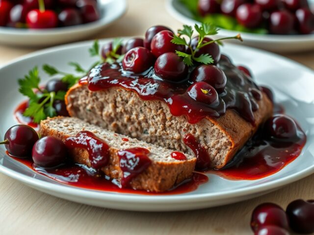 Gehaktbrood met krieken op sap