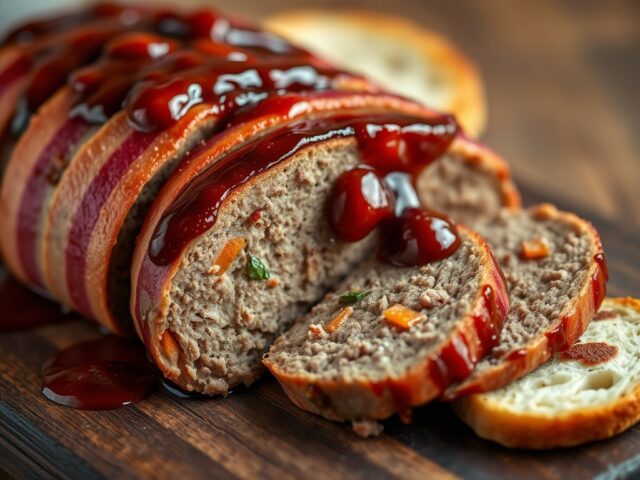 Gehaktbrood met rode wijn en ontbijtspek