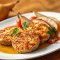 Gehaktkoekjes met gebakken peren en ontbijtspek