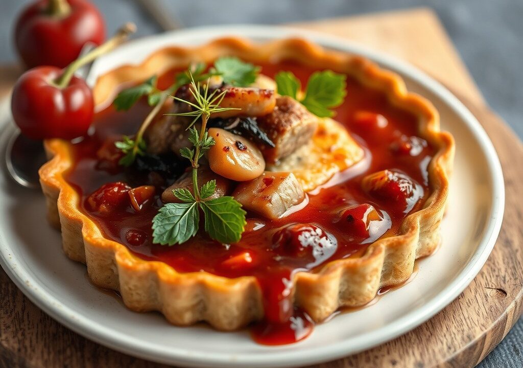 Gehaktpie met bosvruchtensaus, AI-gegenereerde illustratie
