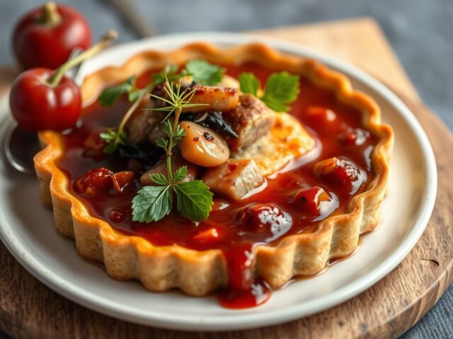 Gehaktpie met bosvruchtensaus