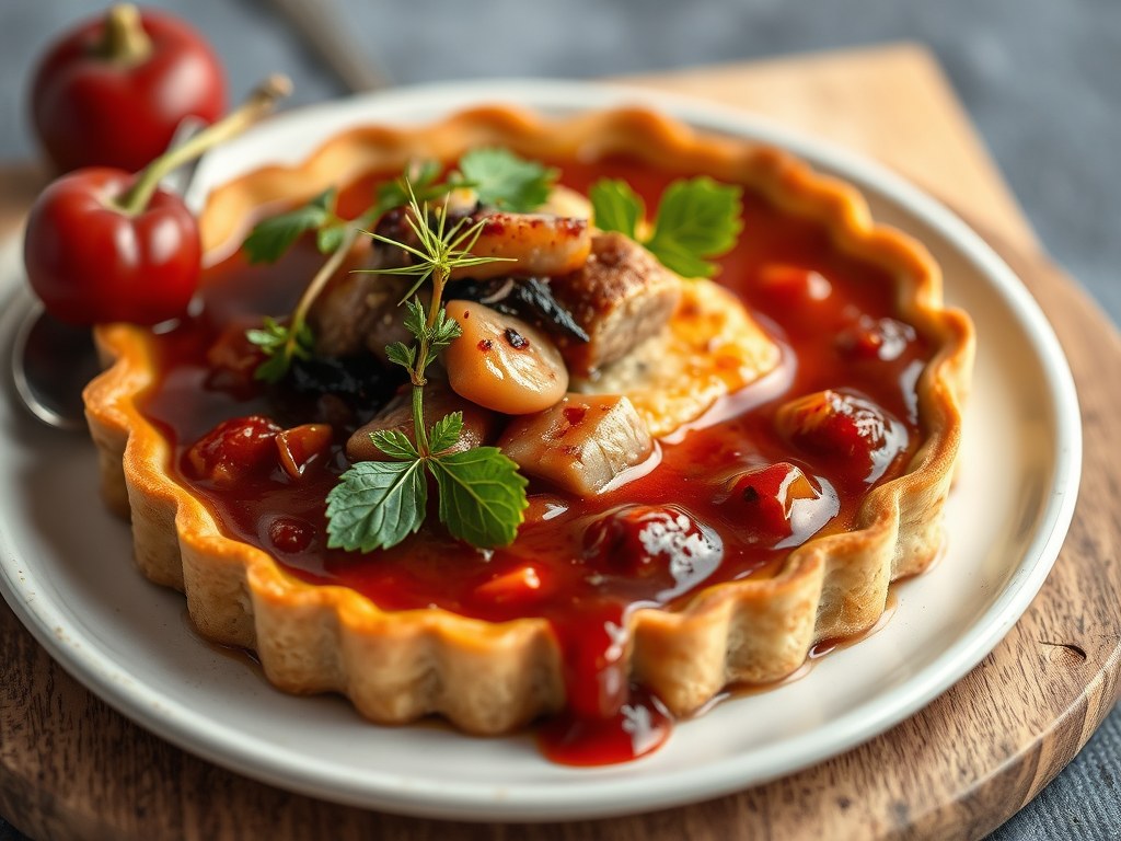 Gehaktpie met bosvruchtensaus, AI-gegenereerde illustratie