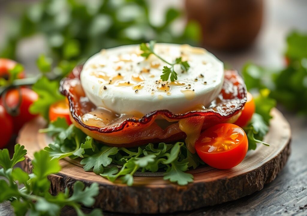 Geitenkaas in spek met honingdressing op rucola, AI-gegenereerde illustratie