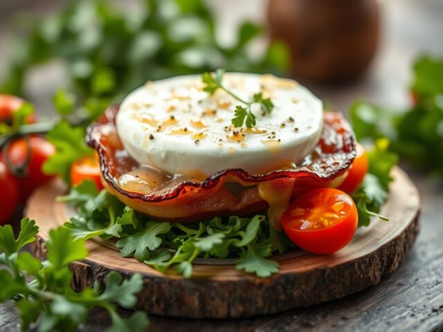 Geitenkaas in spek met honingdressing op rucola — AI-gegenereerde illustratie