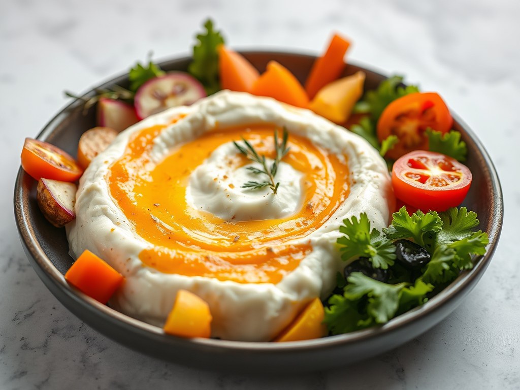 Geitenkaas kruidendipsaus met groenten, AI-gegenereerde illustratie