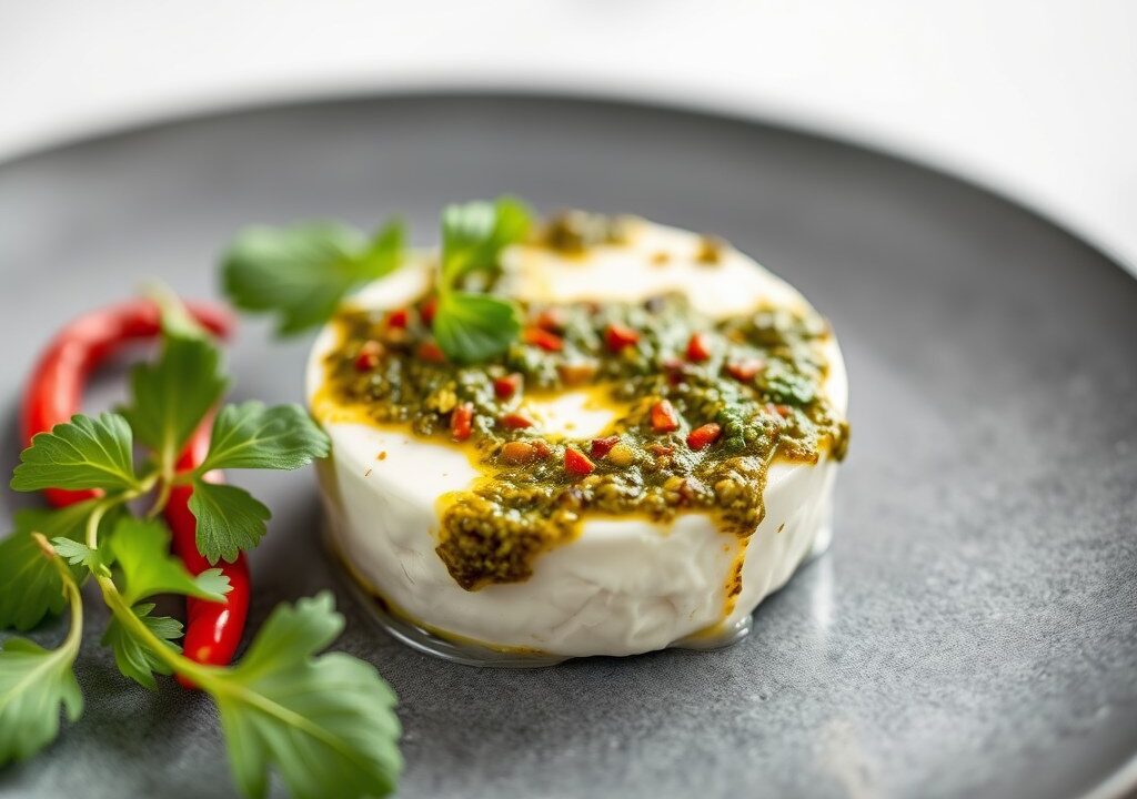 Geitenkaas met pesto, AI-gegenereerde illustratie
