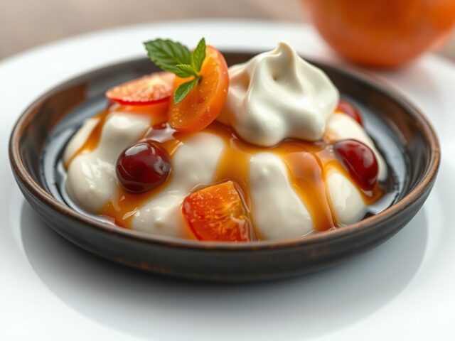 Geitenkaasmousse met gelei van appelstroop en balsamico — AI-gegenereerde illustratie