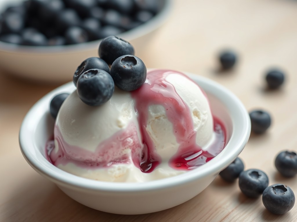 Geitenyoghurtijs met bosbessen, AI-gegenereerde illustratie