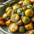 Gekaramelliseerde spruitjes met geroosterde aardappelen
