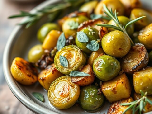 Gekaramelliseerde spruitjes met geroosterde aardappelen