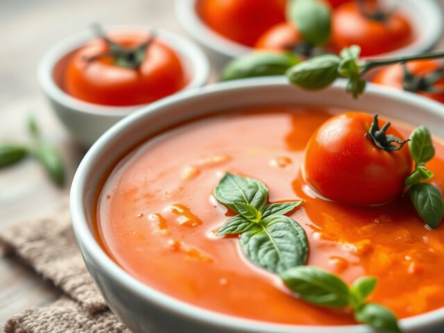Gekoelde tomatensoep met basilicum. — AI-gegenereerde illustratie