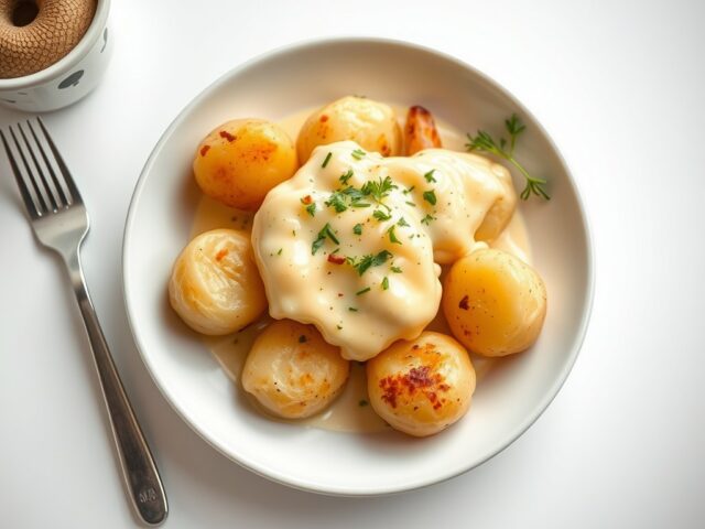 Gekookte aardappelen met kaassaus en spiegelei.