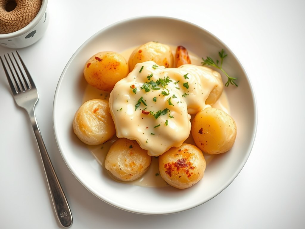 Gekookte aardappelen met kaassaus en spiegelei., AI-gegenereerde illustratie