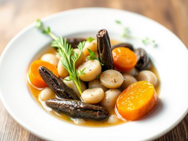 Gekookte zwezerik met punt-asperges.
