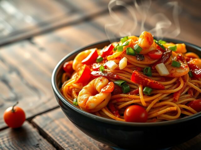 Gekruide garnalen met chinese mie