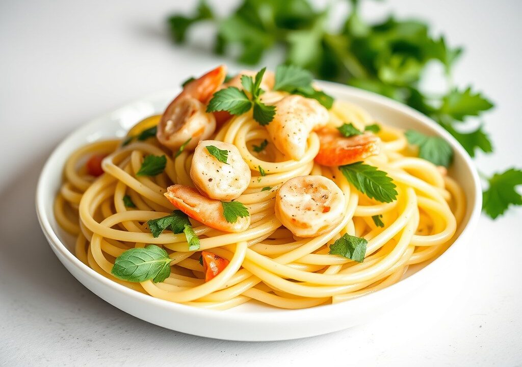 Gekruide pasta met venkel en krab, AI-gegenereerde illustratie