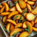 Gekruide rozemarijn- aardappelpartjes met rode ui uit de oven