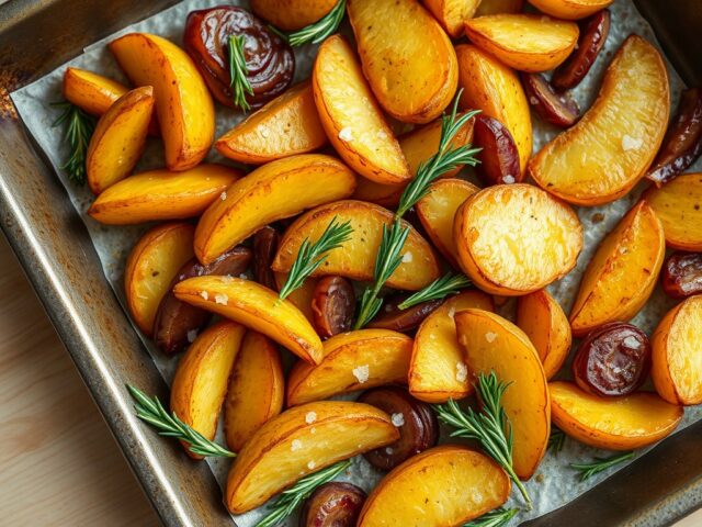 Gekruide rozemarijn- aardappelpartjes met rode ui uit de oven