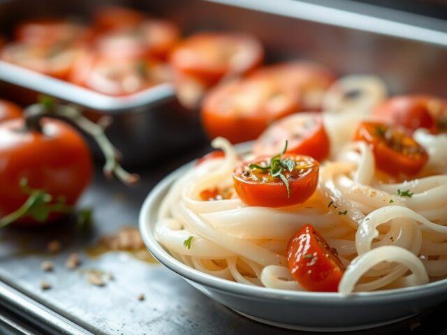 Gekruide uien en tomaat uit de oven — AI-gegenereerde illustratie