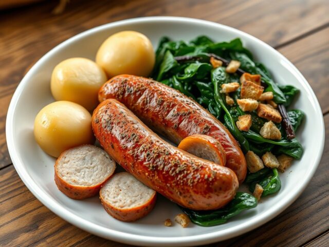 Gekruide varkensworst met aardappelquenelles en ro