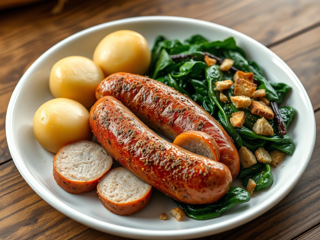 Gekruide varkensworst met aardappelquenelles en ro, AI-gegenereerde illustratie