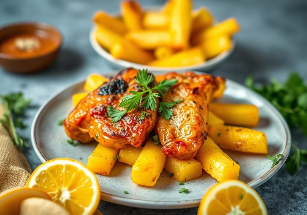 Gele aardappeltjes met tandoori-kip, AI-gegenereerde illustratie