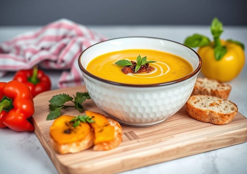 Gele paprika soep met crostini, AI-gegenereerde illustratie