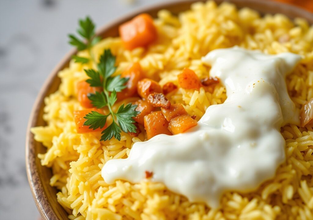 Gele RIJST en Raita met Koningscurry, AI-gegenereerde illustratie