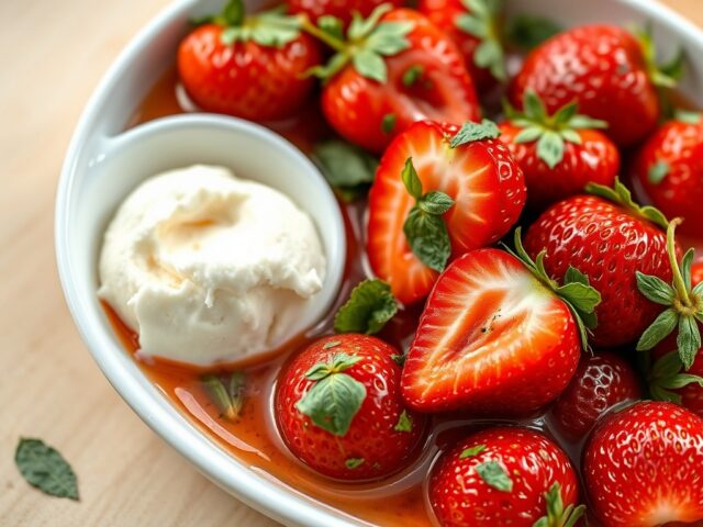 Gemarineerde aardbeien met basilicum