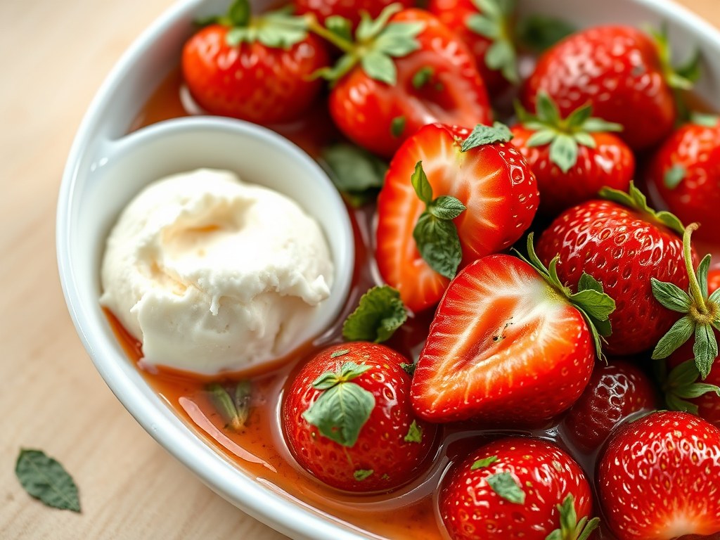 Gemarineerde aardbeien met basilicum, AI-gegenereerde illustratie