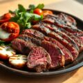 Gemarineerde biefstuk met gegrilde tomaten en gemengde salade