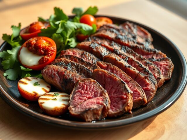 Gemarineerde biefstuk met gegrilde tomaten en gemengde salade