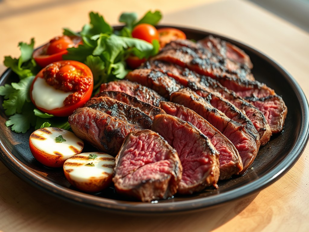 Gemarineerde biefstuk met gegrilde tomaten en gemengde salade, AI-gegenereerde illustratie