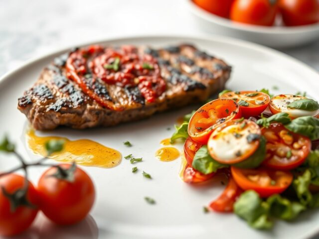 Gemarineerde biefstuk met gegrilde tomaten en gemengde salade — AI-gegenereerde illustratie