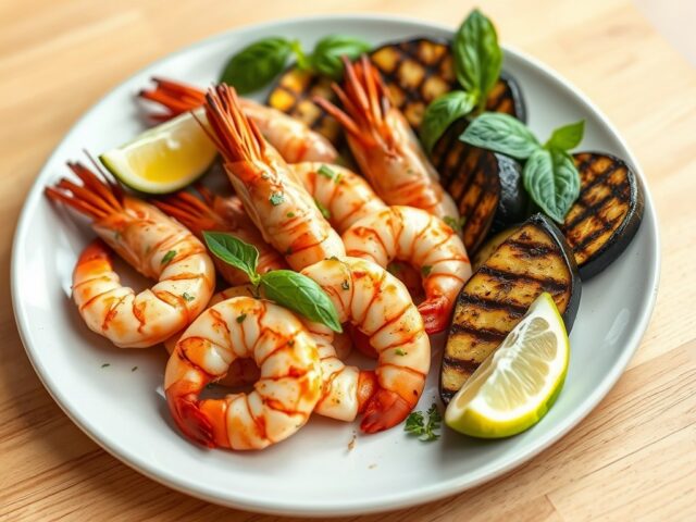 Gemarineerde gamba’s met gegrilde zomergroenten