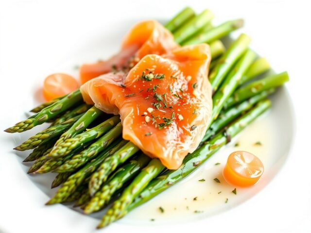 Gemarineerde groene asperges met gerookte zalm