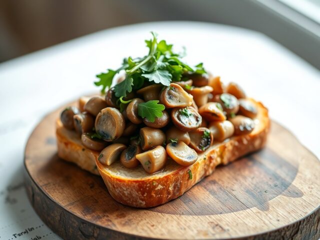 Gemarineerde paddenstoelen op bruschetta