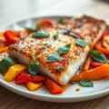 Gemarineerde roodbaars op een bedje van paprika