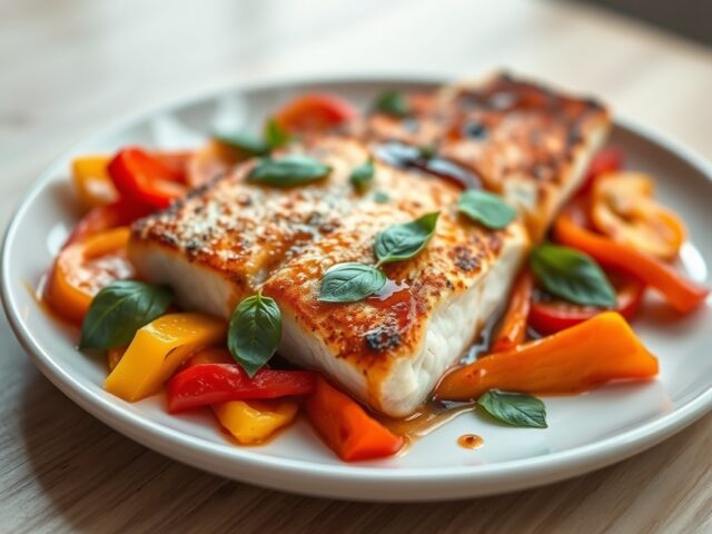 Gemarineerde roodbaars op een bedje van paprika