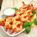 Gemarineerde scampi op een stokje