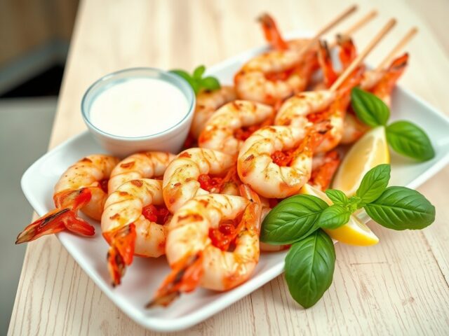 Gemarineerde scampi op een stokje